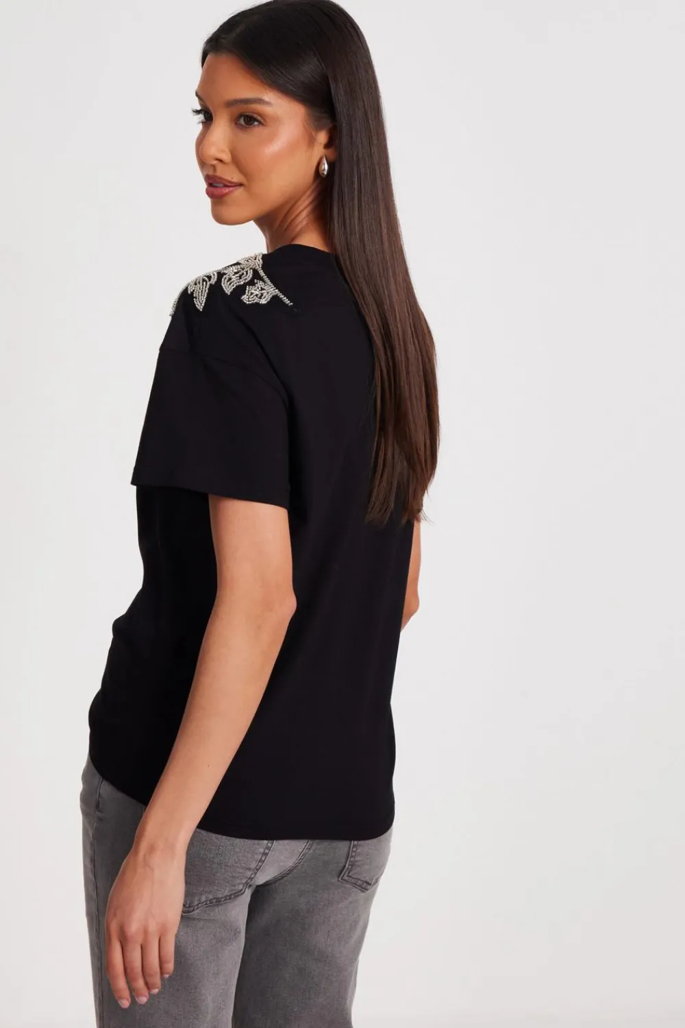 Quiz T-Shirts|Day Tops>Black Floral Applique T-Shirt