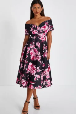 Quiz Wedding Guest Dresses|Midi Dresses>Black Floral Bardot Skater Midi Dress