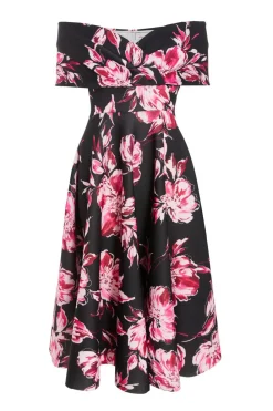 Quiz Wedding Guest Dresses|Midi Dresses>Black Floral Bardot Skater Midi Dress