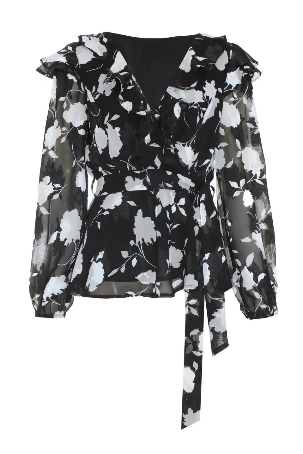 Quiz Shirts & Blouses|Day Tops>Black Floral Frill Peplum Top