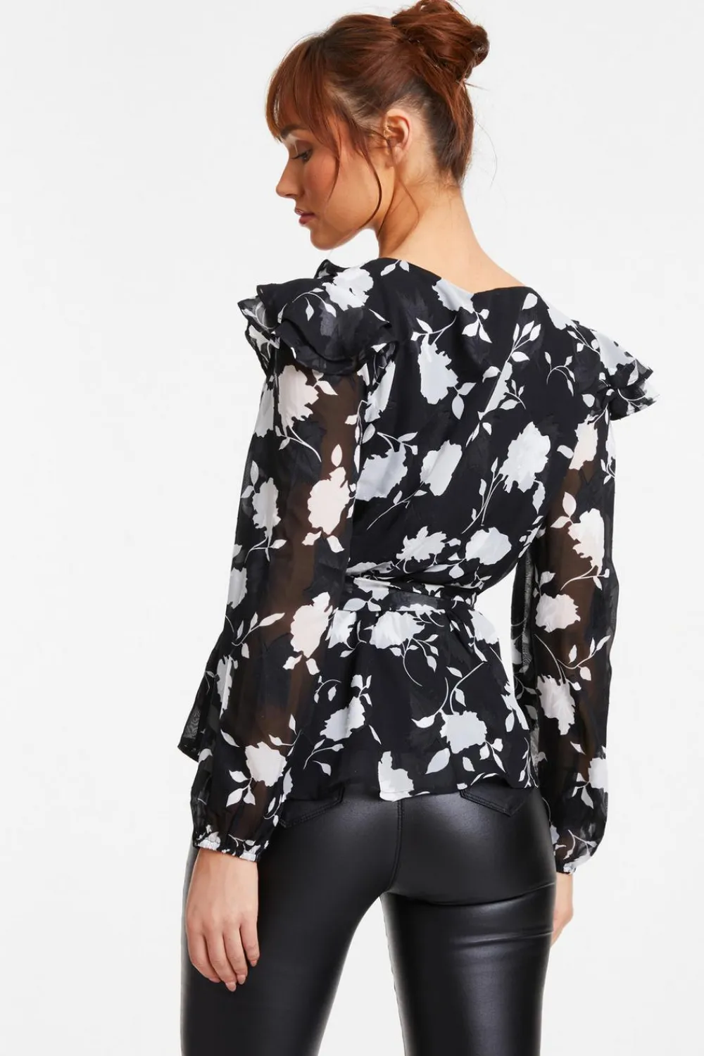 Quiz Shirts & Blouses|Day Tops>Black Floral Frill Peplum Top
