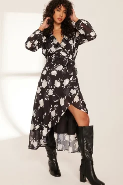 Quiz Florals|Wedding Guest Dresses>Black Floral Frill Wrap Midi Dress