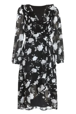 Quiz Florals|Wedding Guest Dresses>Black Floral Frill Wrap Midi Dress