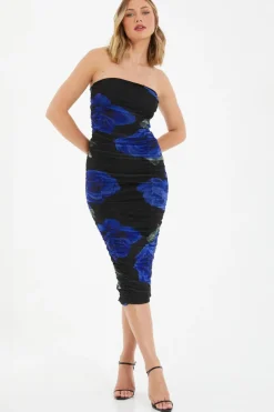 Quiz Evening Dresses|Florals>Black Floral Mesh Bandeau Midi Dress