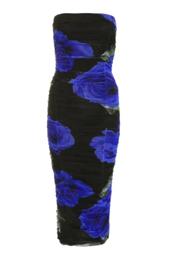 Quiz Evening Dresses|Florals>Black Floral Mesh Bandeau Midi Dress