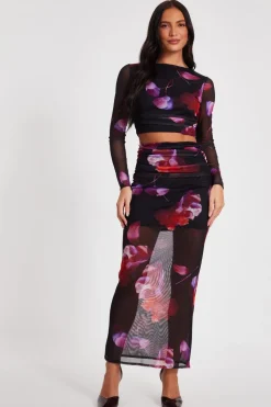 Quiz Summer Tops|Going Out Tops>Black Floral Mesh Crop Top
