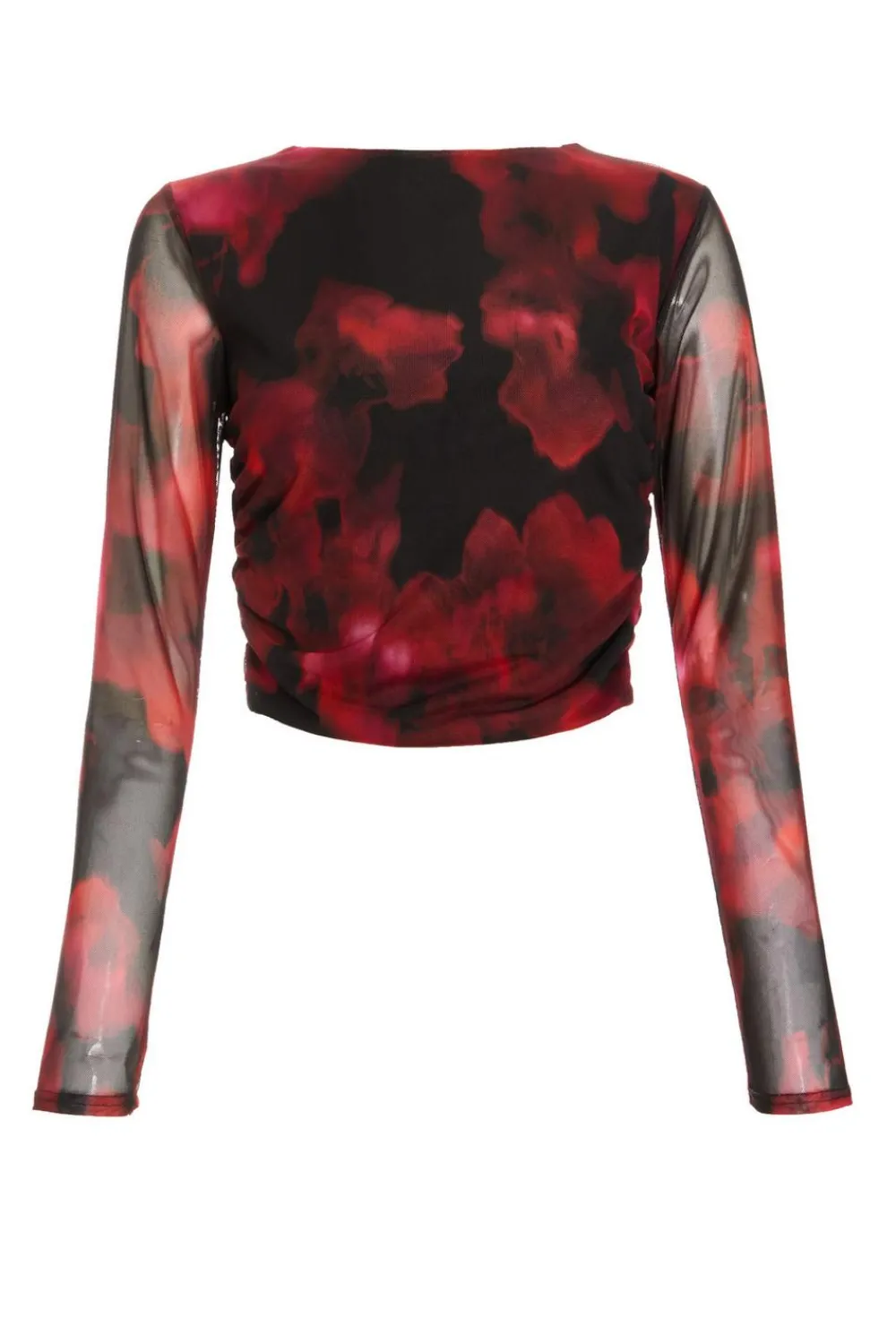 Quiz Going Out Tops|Crop Tops>Black Floral Mesh Ruched Crop Top