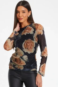 Quiz Going Out Tops|Tops>Black Floral Print Mesh Top