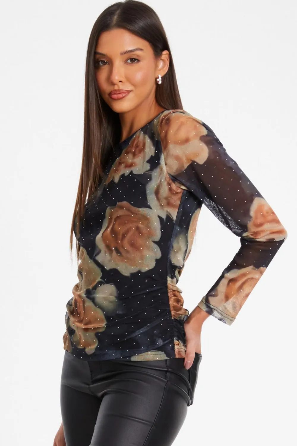 Quiz Going Out Tops|Tops>Black Floral Print Mesh Top