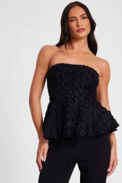 Quiz Going Out Tops|Tops>Black Floral Textured Peplum Top