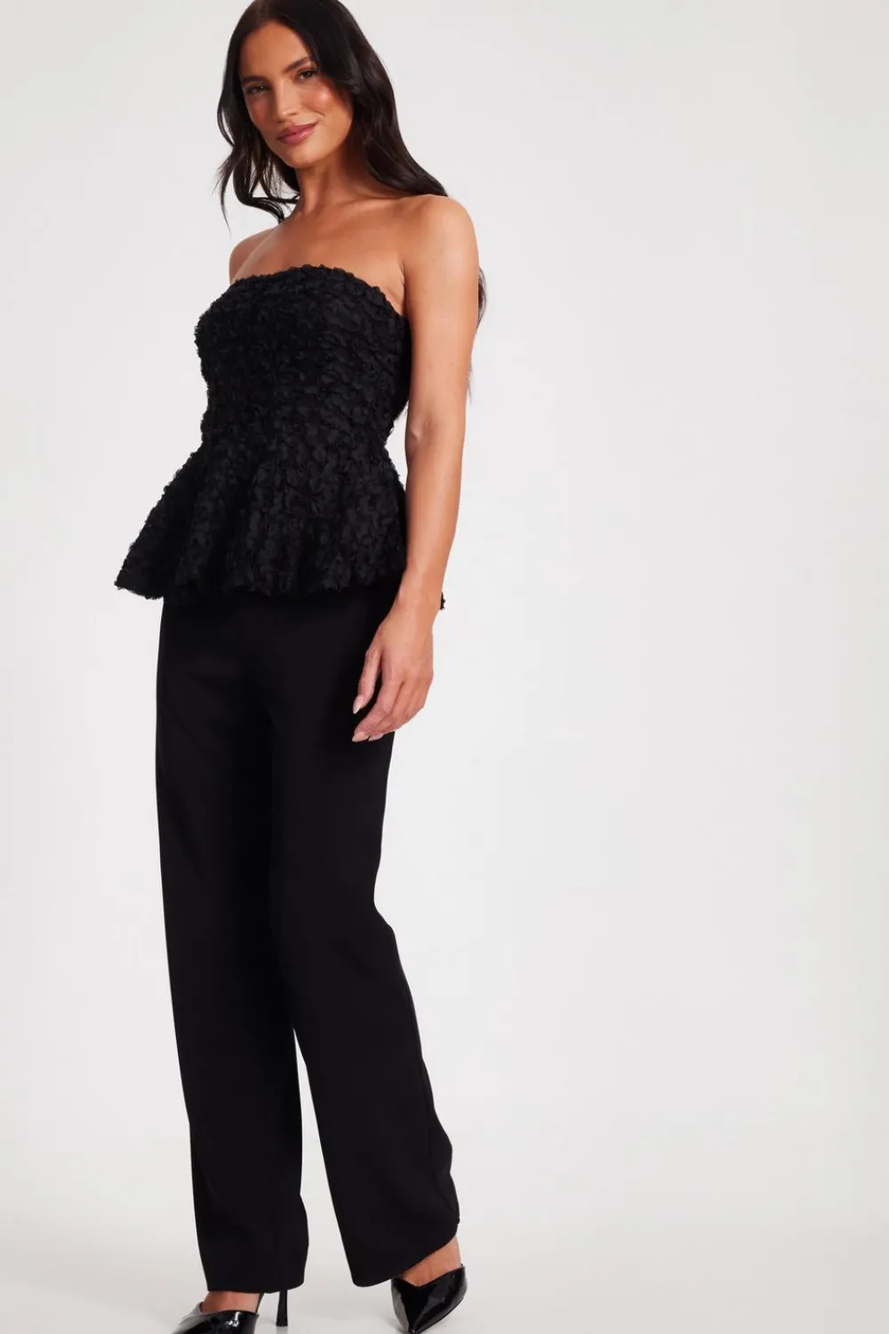 Quiz Going Out Tops|Tops>Black Floral Textured Peplum Top