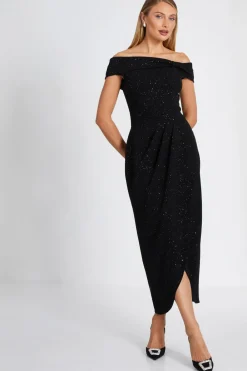 Quiz Evening Dresses|Christening Guest>Black Glitter Bardot Midi Dress