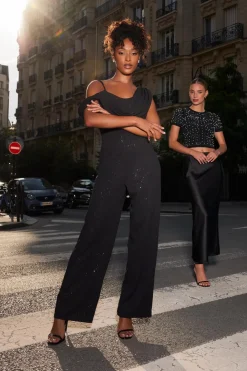 Quiz Occasion Jumpsuits|Going Out Jumpsuits>Black Glitter Cowl Neck Jumpsuit