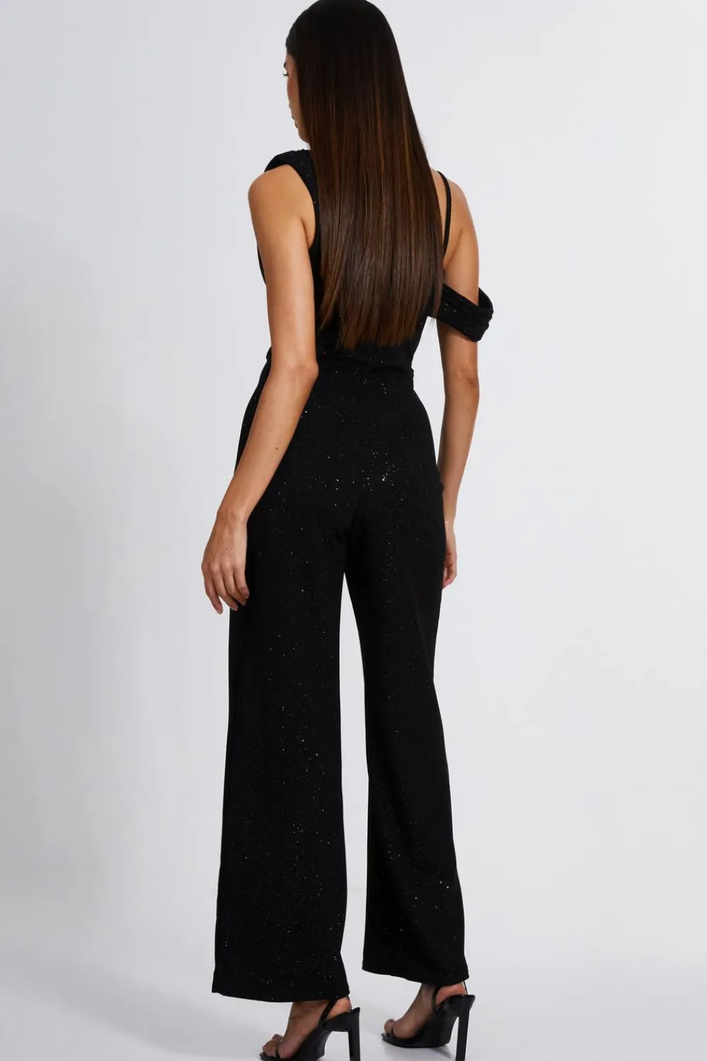 Quiz Occasion Jumpsuits|Going Out Jumpsuits>Black Glitter Cowl Neck Jumpsuit
