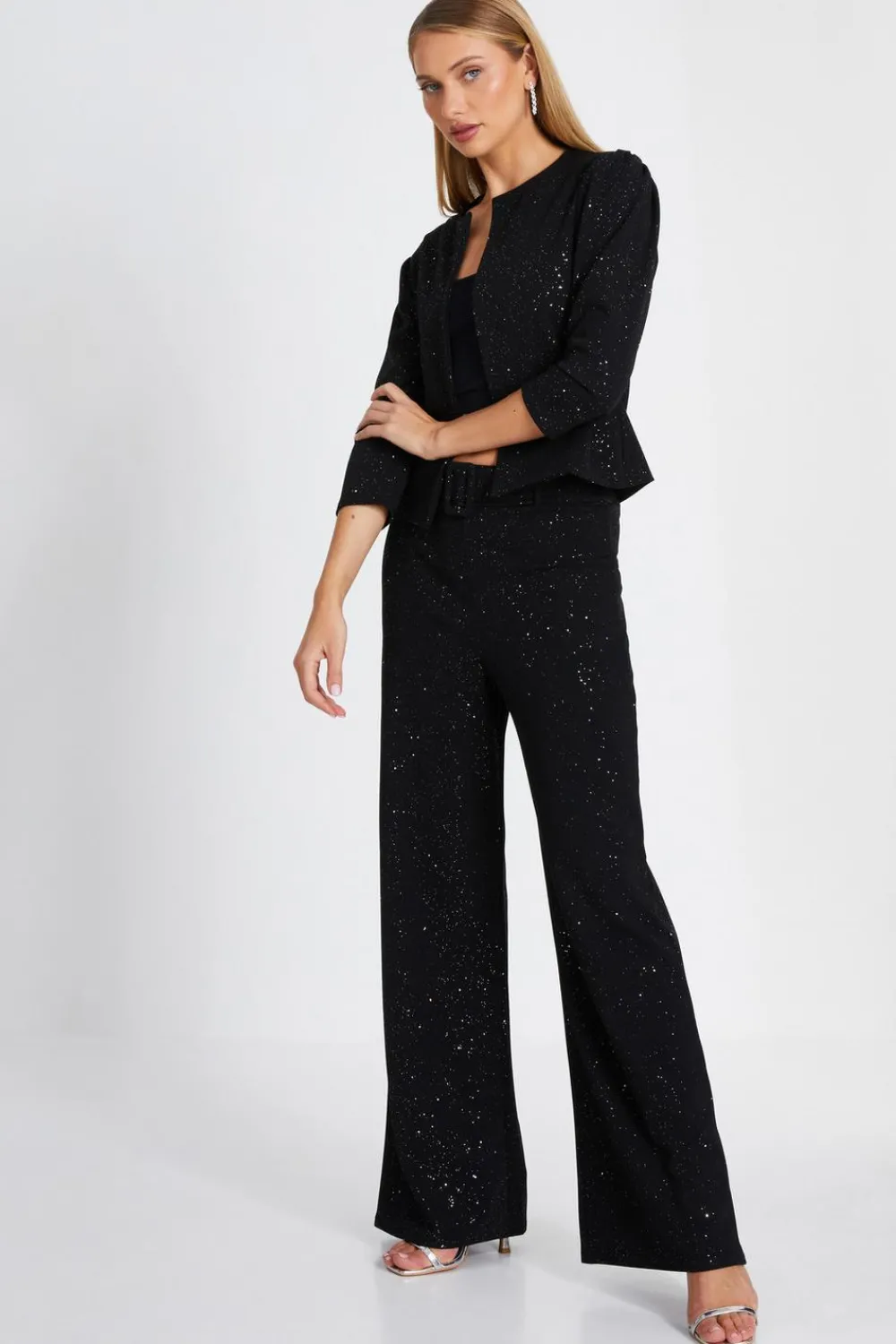 Quiz Christening Guest|Jackets & Coats>Black Glitter Cropped Jacket