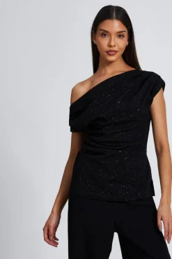 Quiz Day Tops|Going Out Tops>Black Glitter Drape Neck Top