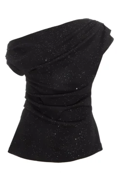 Quiz Day Tops|Going Out Tops>Black Glitter Drape Neck Top