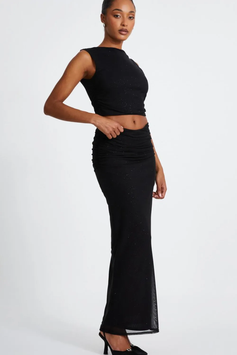 Quiz Going Out Tops|Crop Tops>Glitter Mesh Crop Top