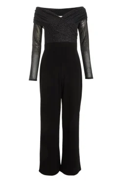 Quiz Occasion Jumpsuits|Going Out Jumpsuits>Black Glitter Palazzo Jumpsuit