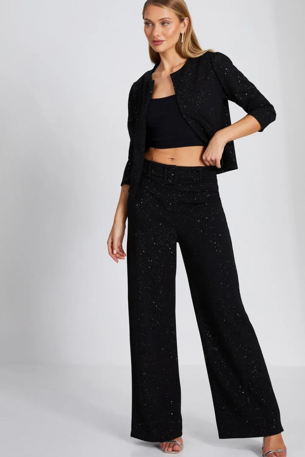 Quiz Christening Guest|Trousers>Black Glitter Palazzo Trousers