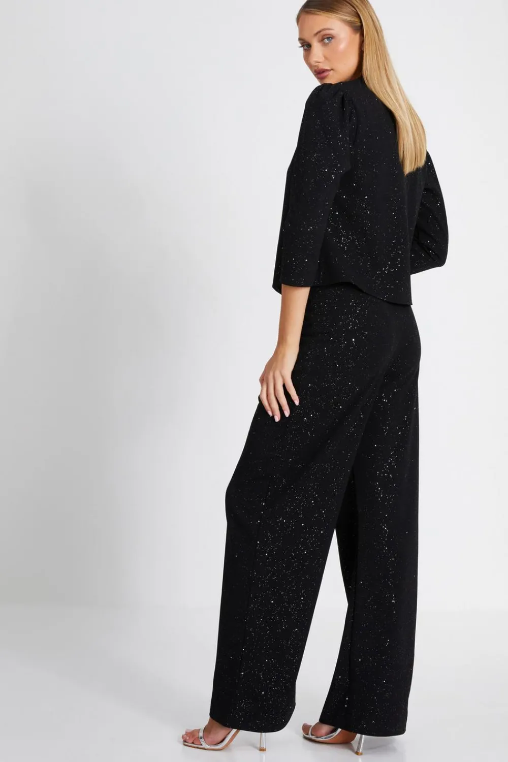 Quiz Christening Guest|Trousers>Black Glitter Palazzo Trousers