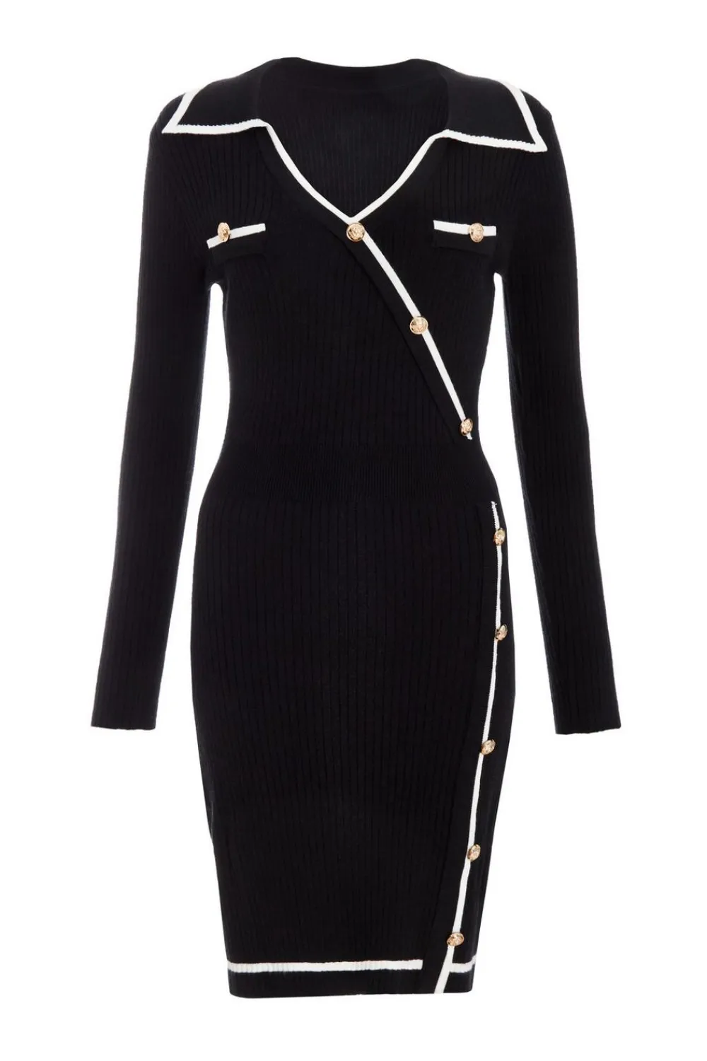 Quiz Workwear|Knitwear>Black Knit Contrast Trim Dress