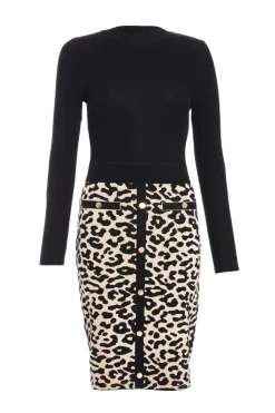 Quiz Knitwear|Casual Clothing>Black Knit Leopard Print Jumper Dress