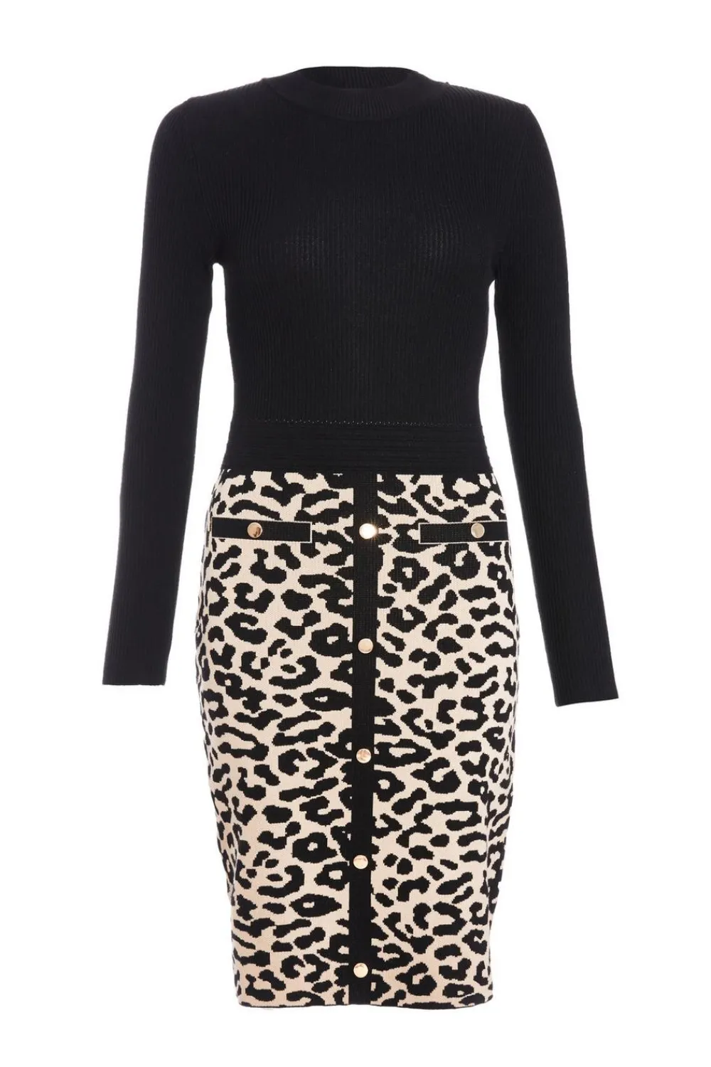 Quiz Knitwear|Casual Clothing>Black Knit Leopard Print Jumper Dress