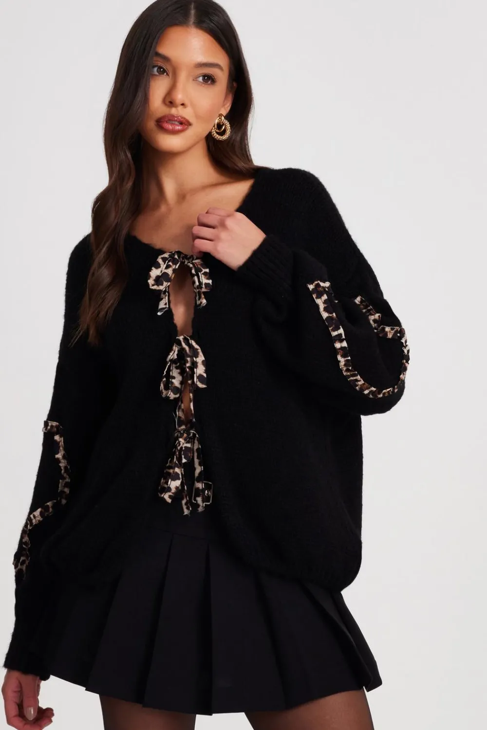 Quiz Tops|Knitwear>Black Knit Leopard Trim Cardigan