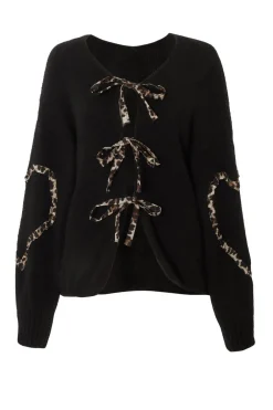 Quiz Tops|Knitwear>Black Knit Leopard Trim Cardigan