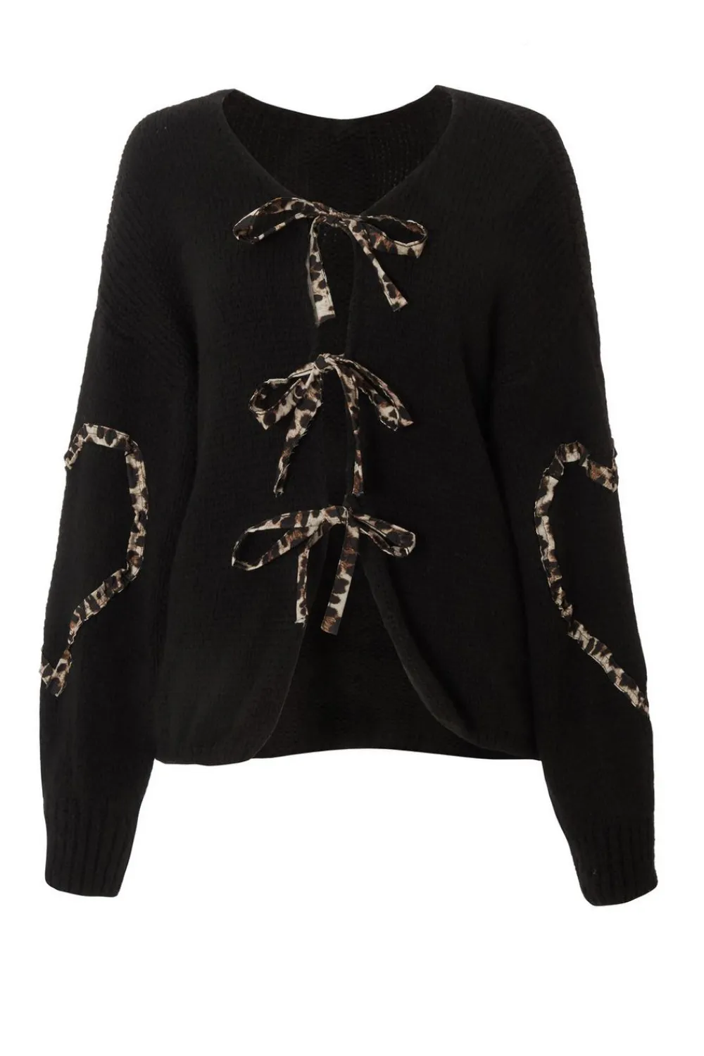 Quiz Tops|Knitwear>Black Knit Leopard Trim Cardigan