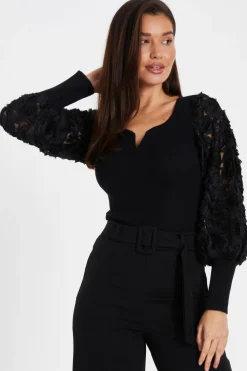 Quiz Day Tops|Tops>Black Knit Sleeve Detail Top