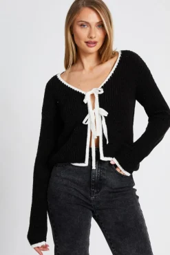 Quiz Tops|Knitwear>Black Knit Tie Front Cardigan