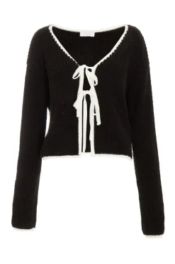 Quiz Tops|Knitwear>Black Knit Tie Front Cardigan