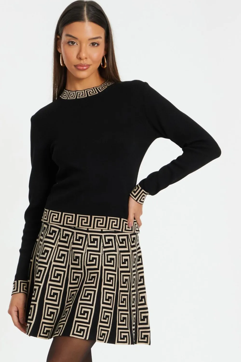 Quiz Tops|Knitwear>Black Knitted Geometric Trim Jumper