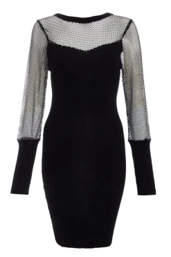 Quiz Mini Dresses|Black Dresses>Black Knitted Mesh Sleeve Dress
