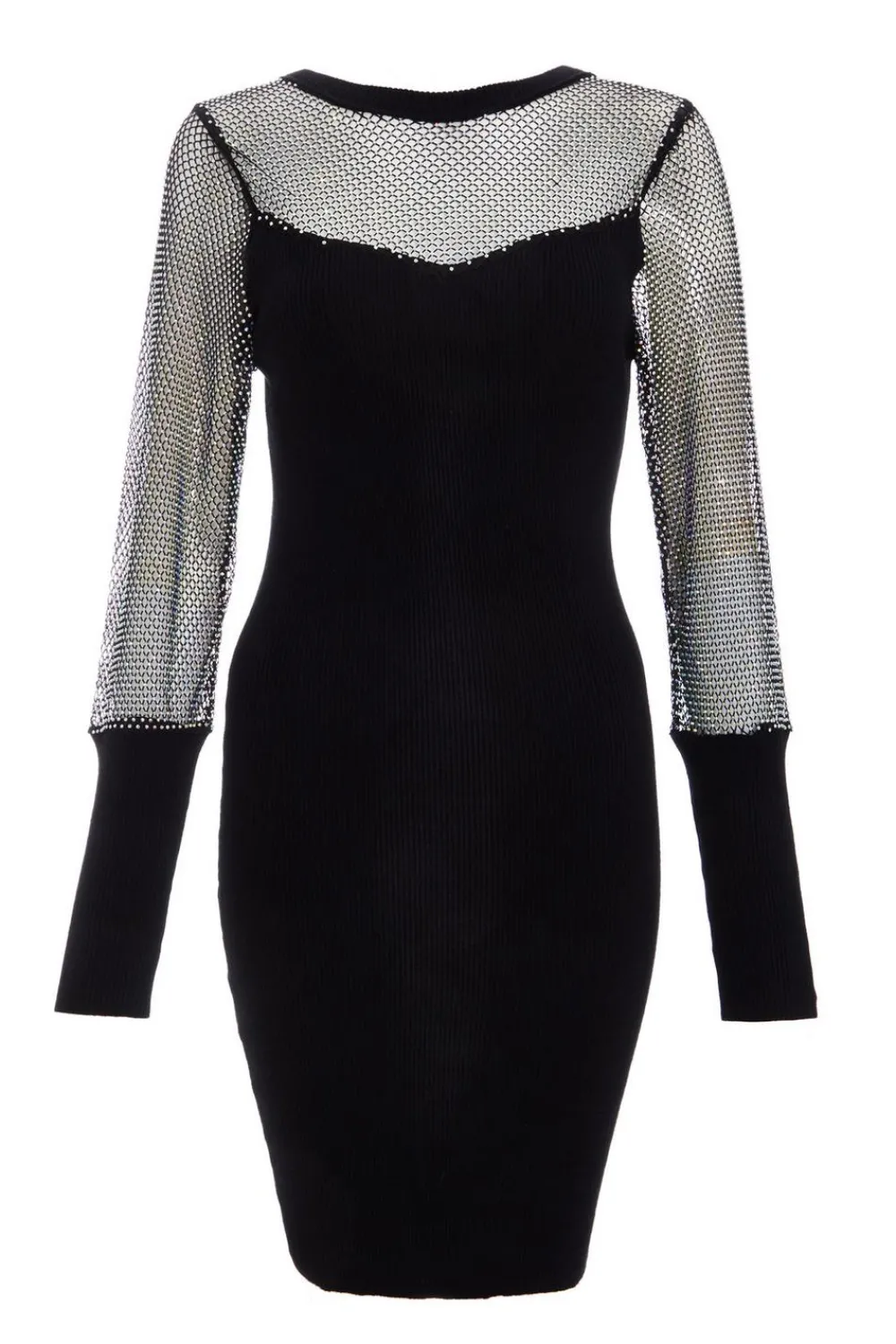 Quiz Mini Dresses|Black Dresses>Black Knitted Mesh Sleeve Dress