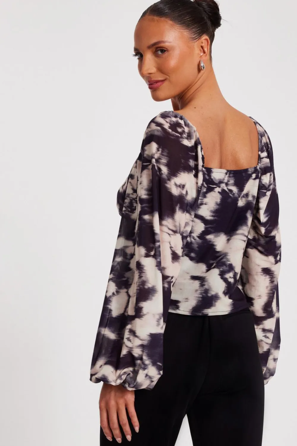 Quiz Summer Tops|Going Out Tops>Black Marble Print Tie Front Top