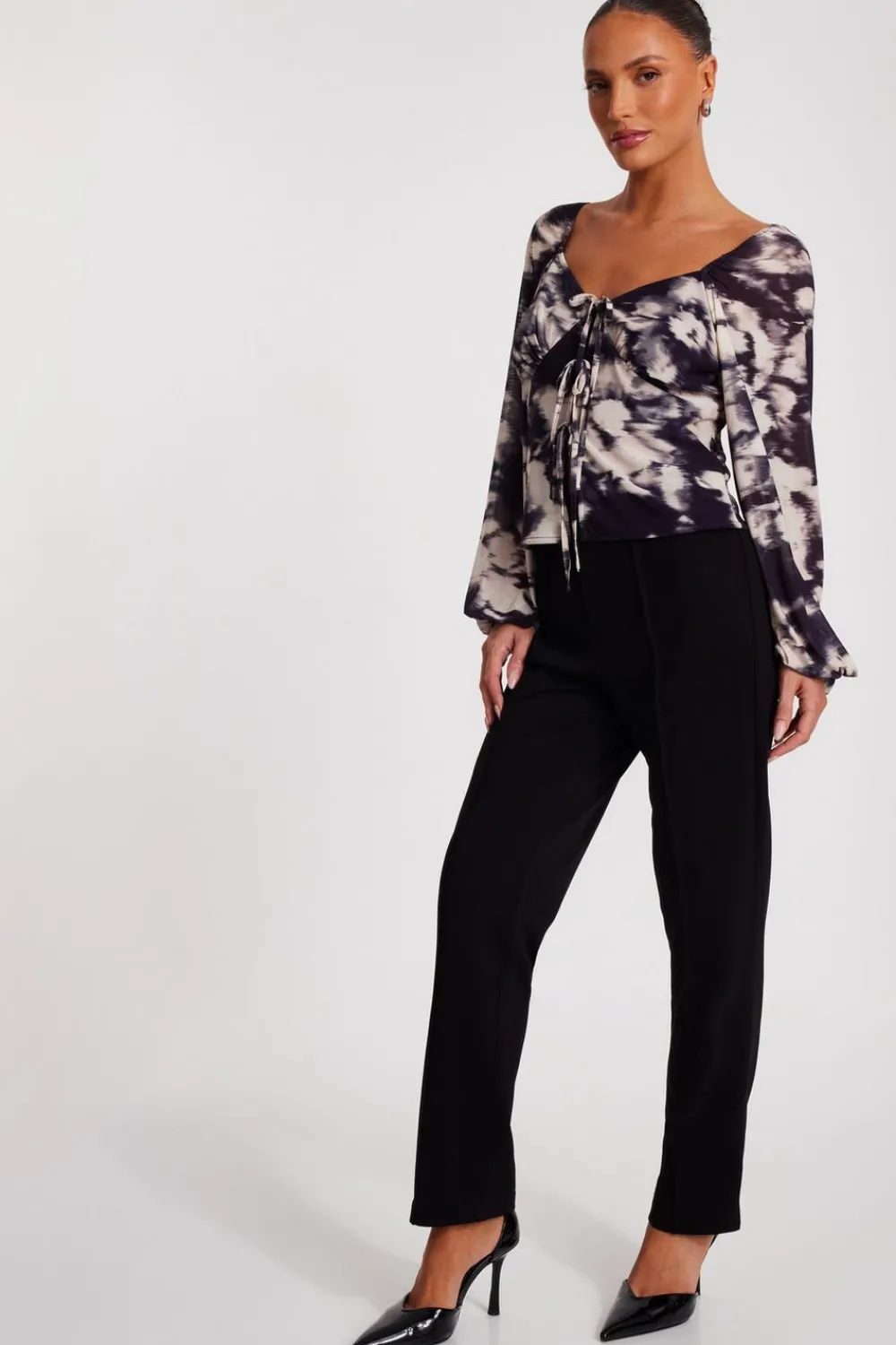 Quiz Summer Tops|Going Out Tops>Black Marble Print Tie Front Top