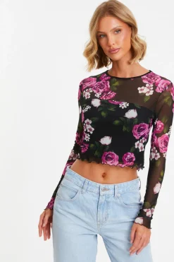 Quiz Going Out Tops|Tops>Black Mesh Floral Crop Top