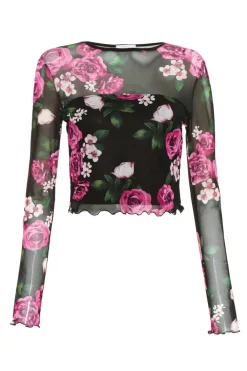 Quiz Going Out Tops|Tops>Black Mesh Floral Crop Top