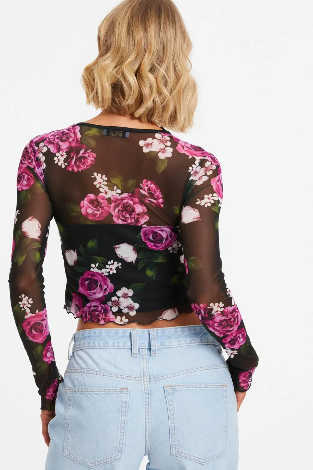 Quiz Going Out Tops|Tops>Black Mesh Floral Crop Top