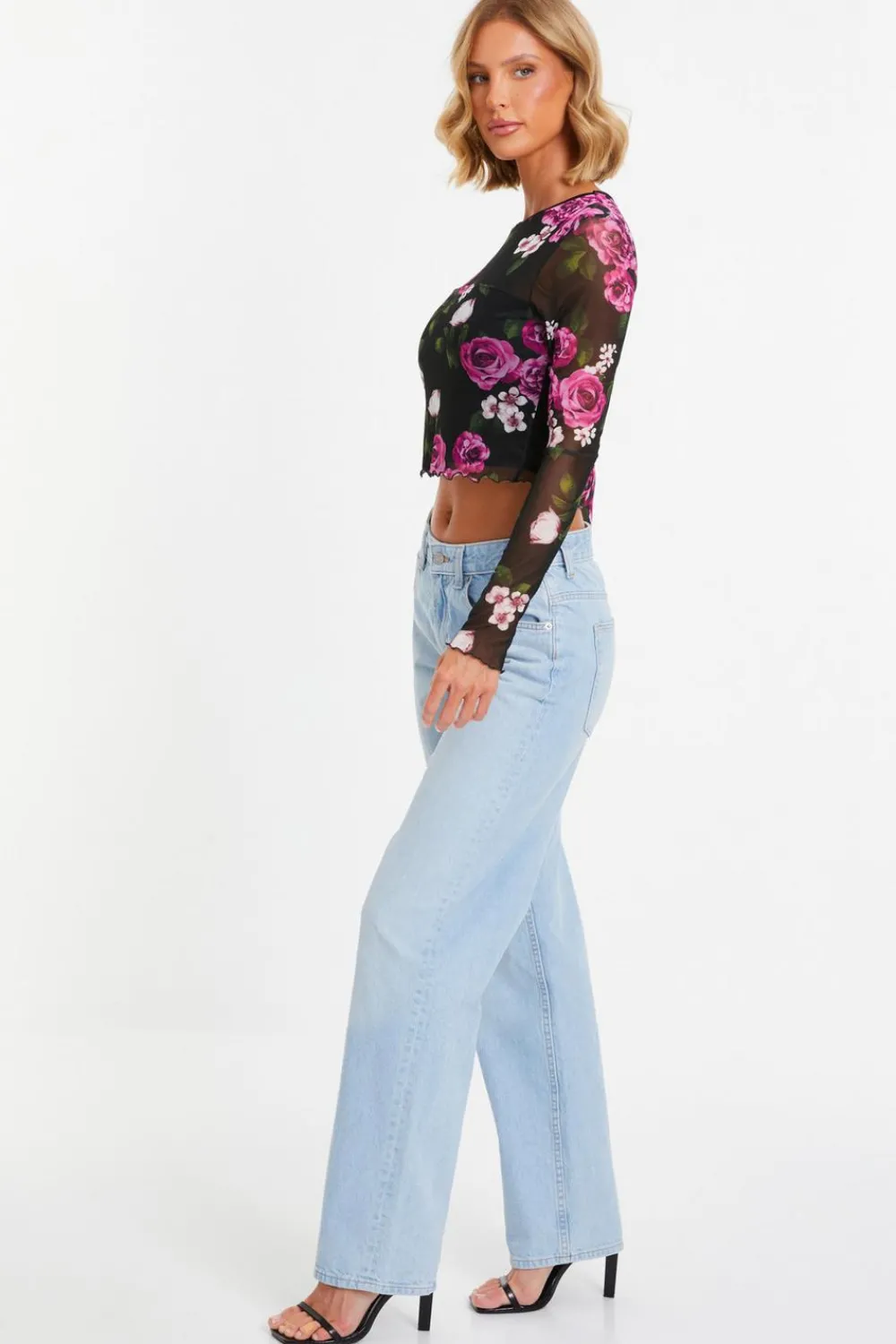 Quiz Going Out Tops|Tops>Black Mesh Floral Crop Top