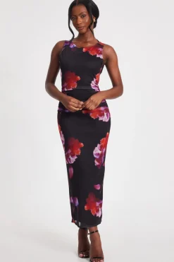 Quiz Summer Clothes|Holiday>Black Mesh Floral Midaxi Dress