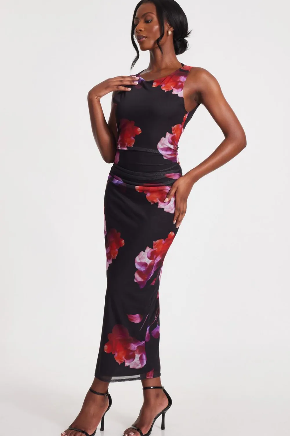 Quiz Summer Clothes|Holiday>Black Mesh Floral Midaxi Dress