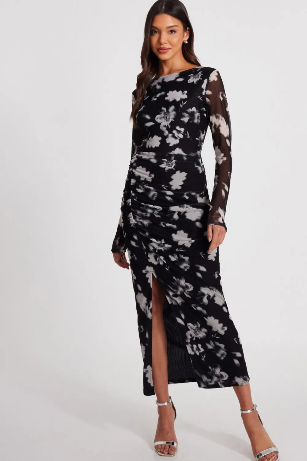 Quiz Modest|Florals>Black Mesh Floral Ruched Midaxi