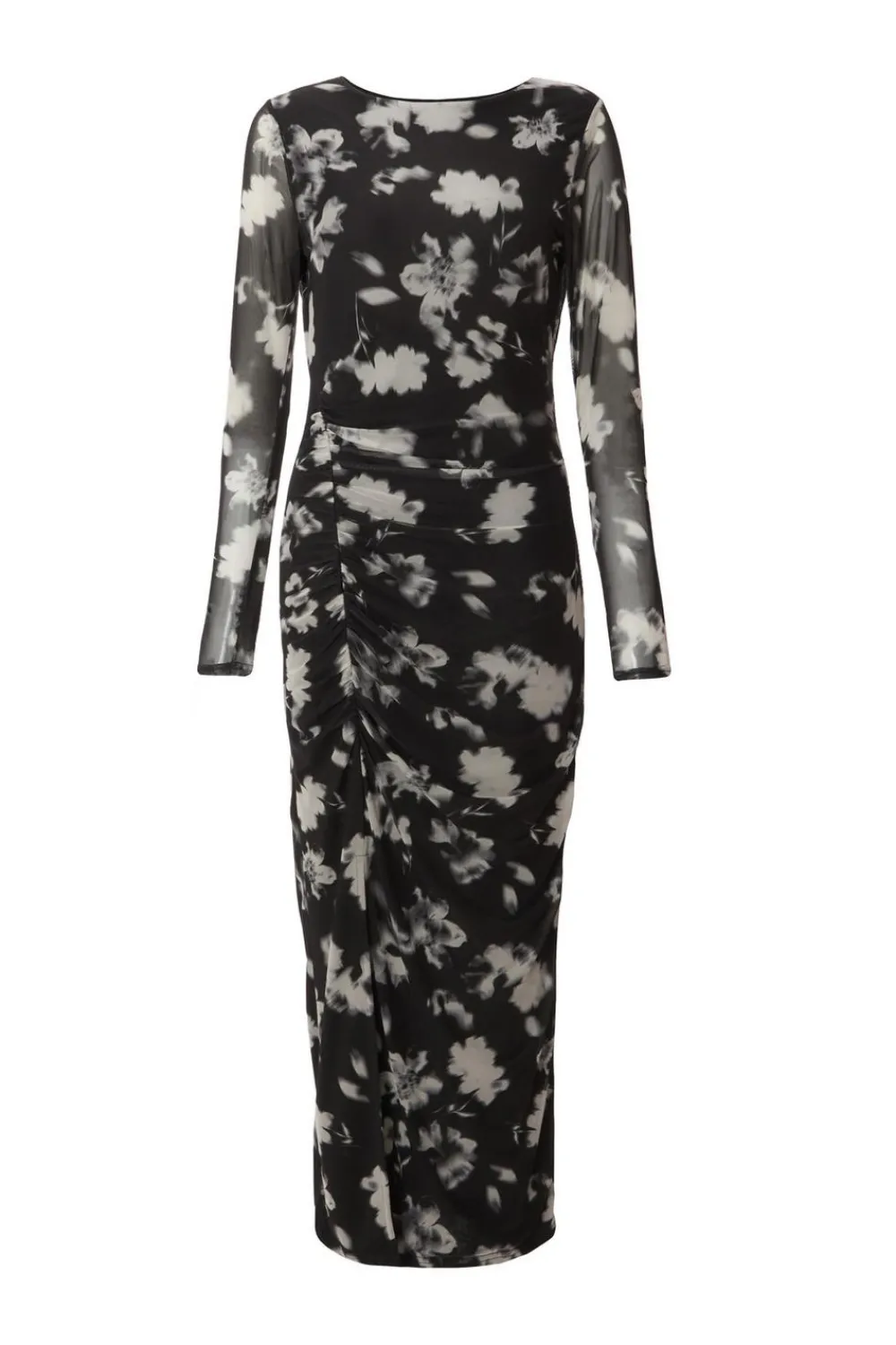 Quiz Modest|Florals>Black Mesh Floral Ruched Midaxi