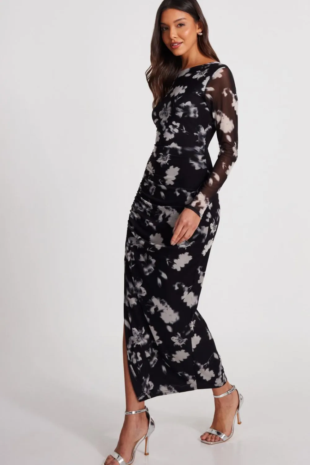 Quiz Modest|Florals>Black Mesh Floral Ruched Midaxi