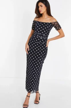 Quiz Evening Dresses|Holiday>Black Mesh Polka Dot Bardot Midaxi Dress