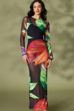 Quiz Holiday|Maxi Dresses>Black Mesh Tropical Print Maxi Dress